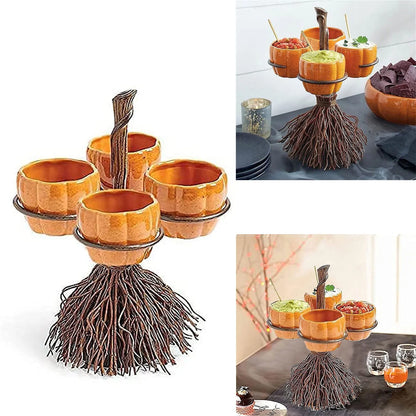 Halloween Pumpkin Snack & Dessert Tray – Party Buffet Display Rack with Witch Bowl & Cake Stand