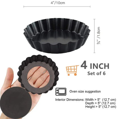 6-Piece Non-Stick Tart & Quiche Pan Set 4 Inch – Removable Bottom Carbon Steel Bakeware