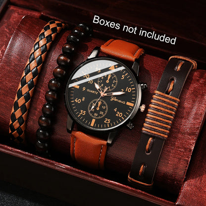 Watch with brown leather strap and black face, surrounded by accessories on a dark background.