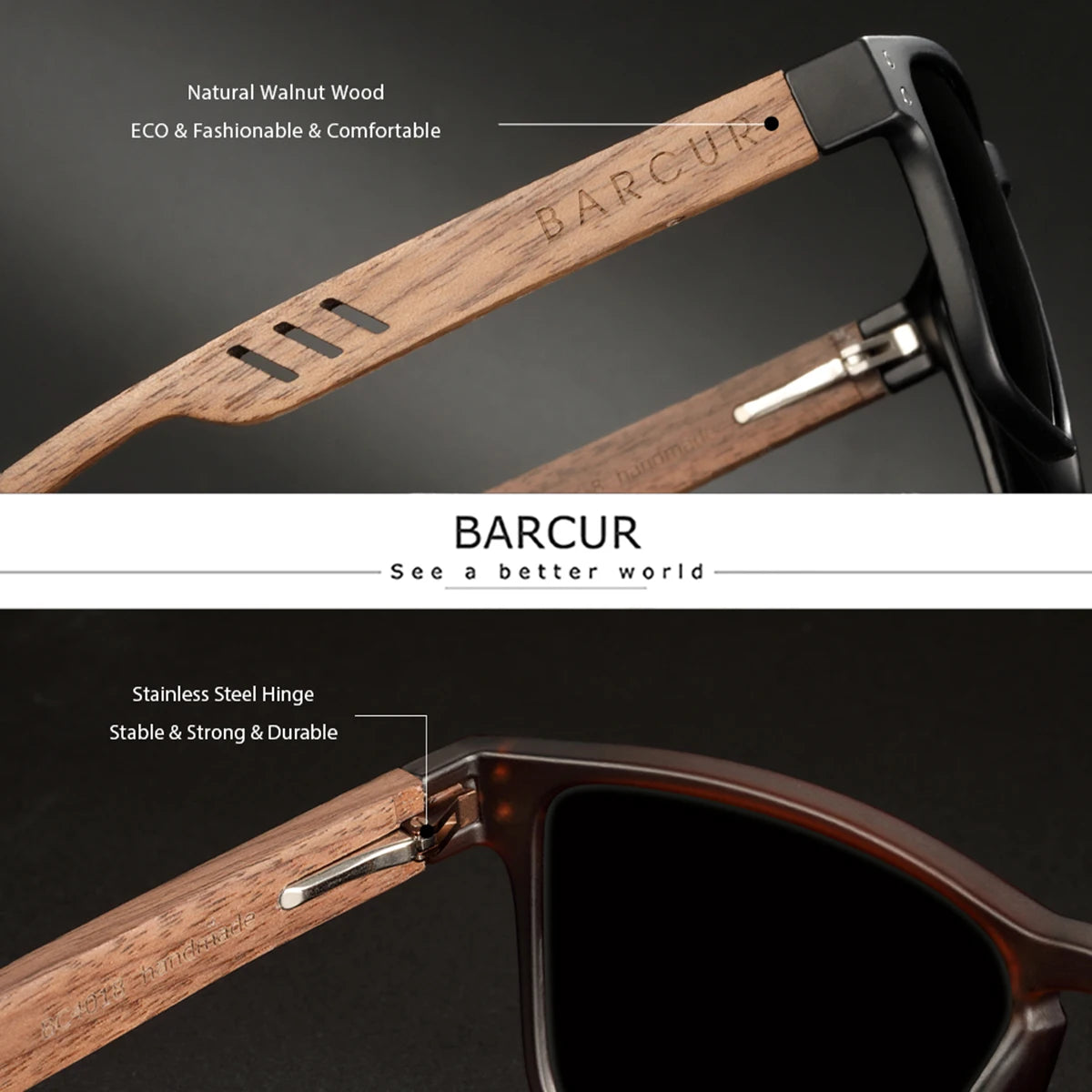 BARCUR Handmade Wood Sunglasses – Polarized UV400 Square Frame