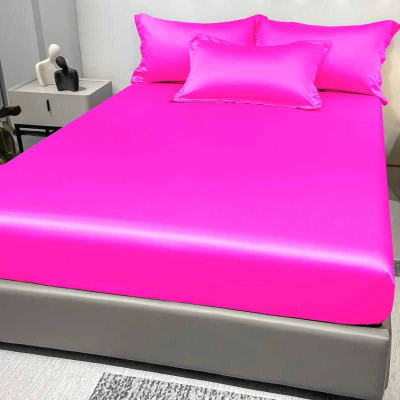 Modern Satin Ice Silk Solid Color Fitted Sheet – Smooth Bedroom Bedspread (Excluding Pillowcases)