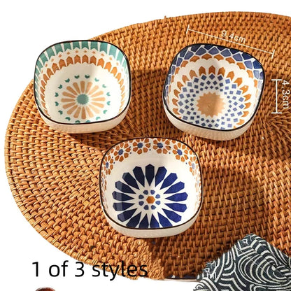 Bohemian Ceramic Sauce & Snack Bowl – Small Square Japanese Style Pickle & Condiment Dish