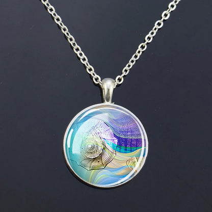 Ocean Marine Animal Glass Dome Pendant Necklace – Sea Turtle, Dolphin & Starfish Long Chain