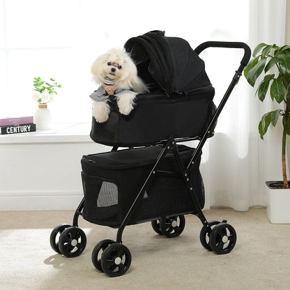 Black pet stroller with a small white dog inside, on a light-colored floor.