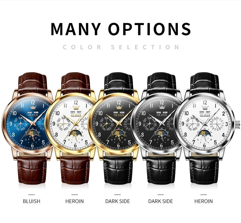 Olevs 6698 automatic watch luxury leather strap calendar waterproof luminous moon phase mechanical watch men