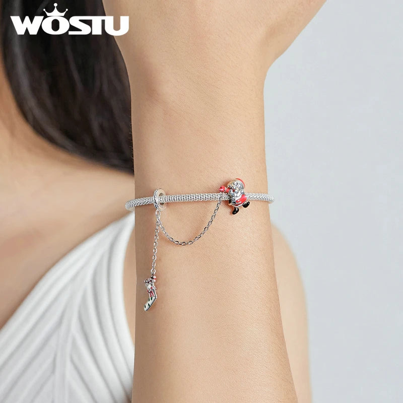WOSTU 925 Sterling Silver Amimal Safety Chain Heart Key Flower Pendant CZ Charms Stopper Fit Original Bracelet DIY Fine Jewelry