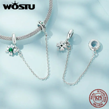 925 Sterling Silver Safety Chain Charm – Heart, Key & Flower CZ Stopper Bead