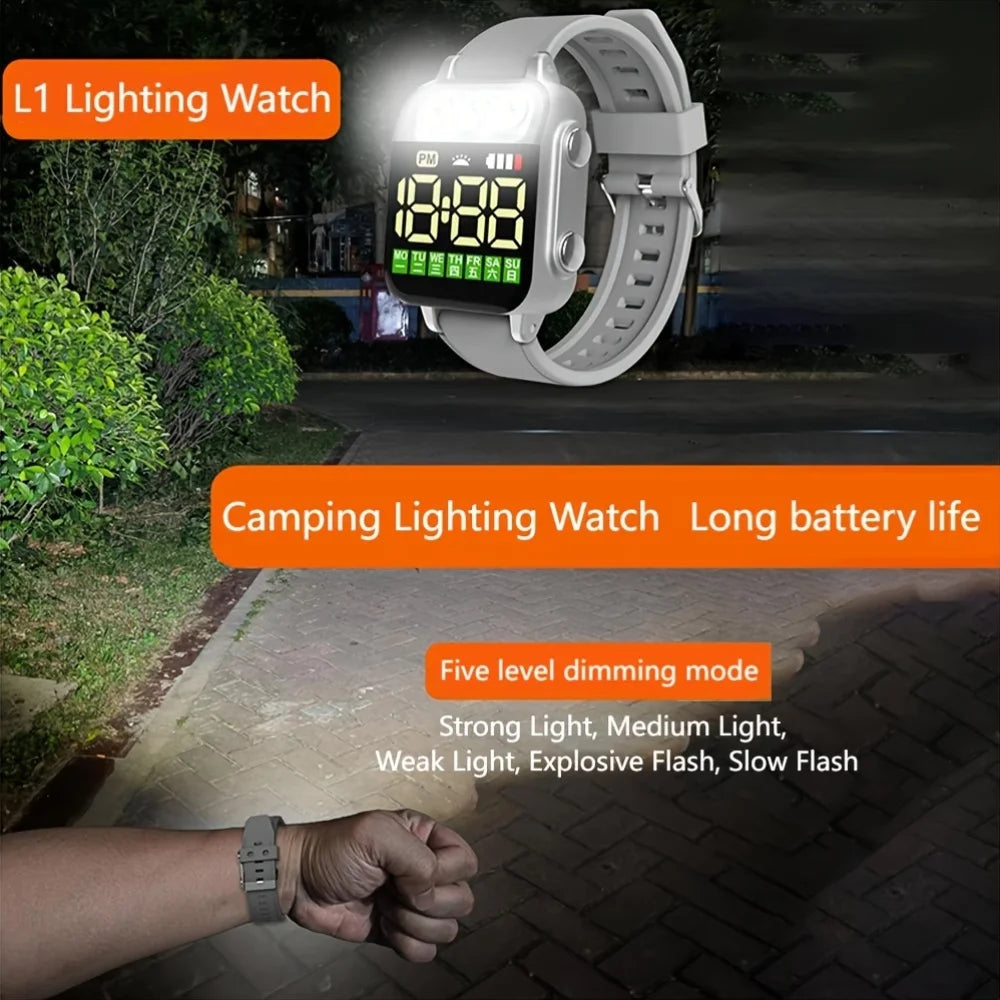 Camping lighting watch with digital display and flashlight feature, shown in use at night.