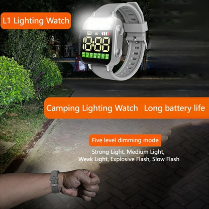 Camping lighting watch with digital display and flashlight feature, shown in use at night.