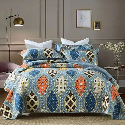 100% Cotton Quilted Bedspread – Rural Retro Bed Cover with Pillowcases for Queen & King Size