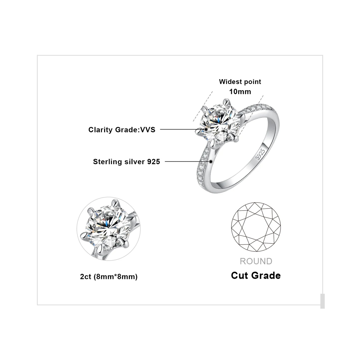 JewelryPalace Moissanite D Color 1ct 1.5ct 2ct 3ct Round S925 Sterling Silver Wedding Engagement Ring for Women