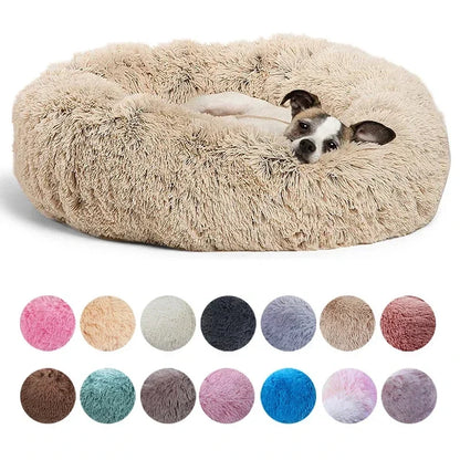 Dog lying on a fluffy beige pet bed with color swatches below.