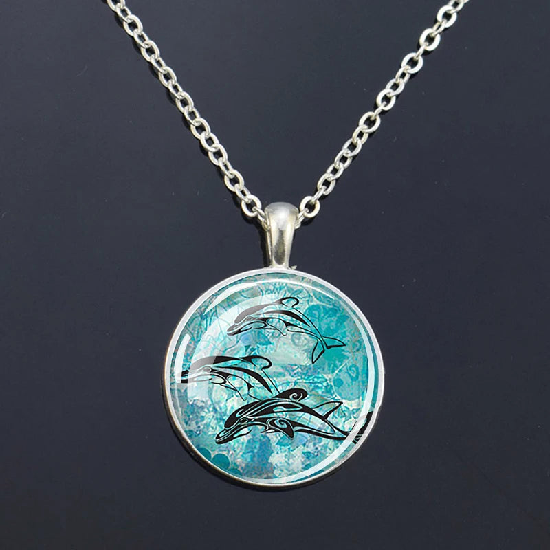 Ocean Marine Animal Glass Dome Pendant Necklace – Sea Turtle, Dolphin & Starfish Long Chain