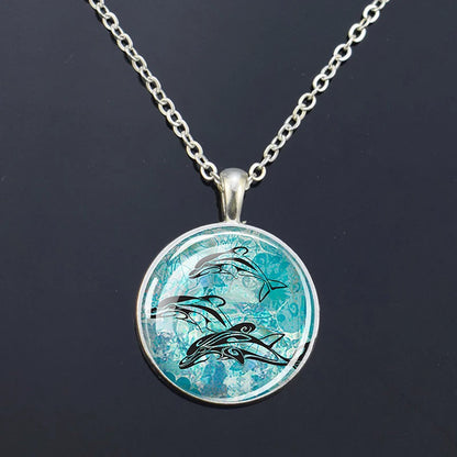 Ocean Marine Animal Glass Dome Pendant Necklace – Sea Turtle, Dolphin & Starfish Long Chain