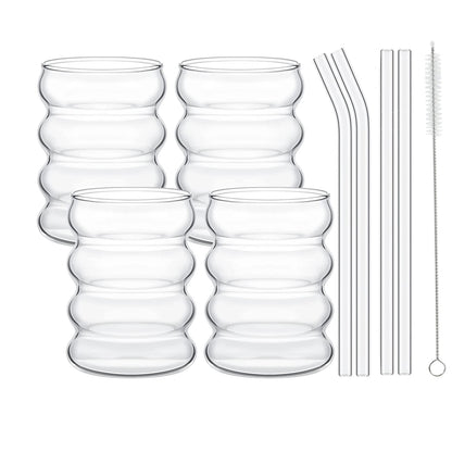 Ribbed Glassware Cups with Straws Set – Cocktail Fruit Coffee Mug Clear Glass