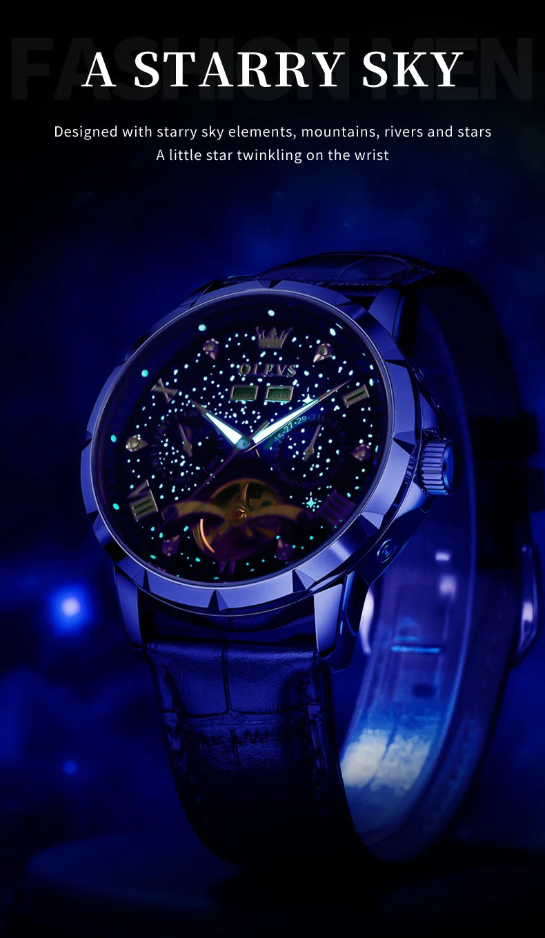 OLEVS 6689 Automatic Watch for Men Starry Sky Tourbillon Design Moon Phase Date Stainless steel Luminous Waterproof Wristwatch