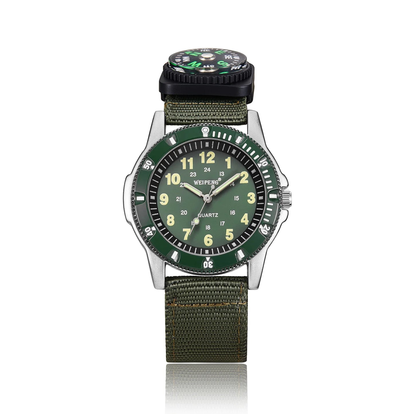 Green watch with compass on top on a white background