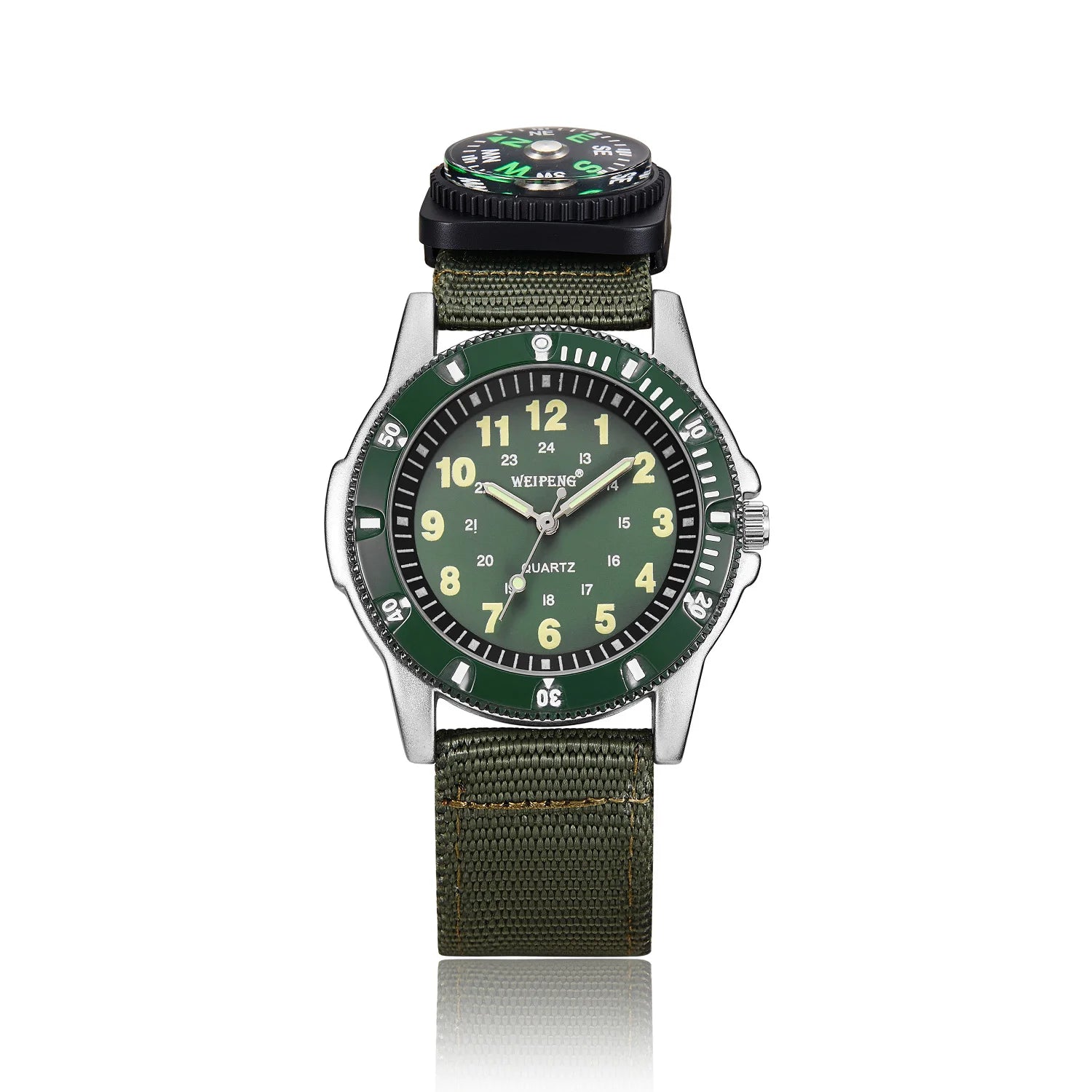 Green watch with compass on top on a white background