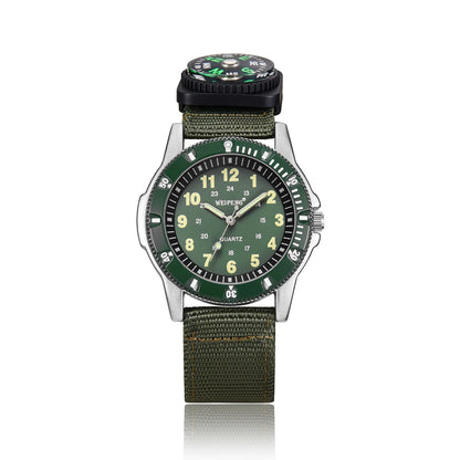 Green watch with compass on top on a white background