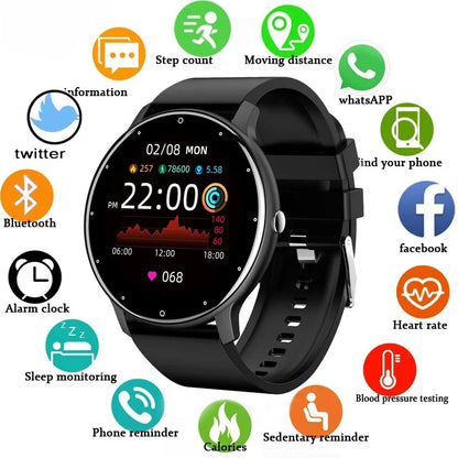 Smartwatch with various icons and features displayed on a white background