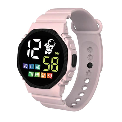 Digital watch with pink strap on a white background