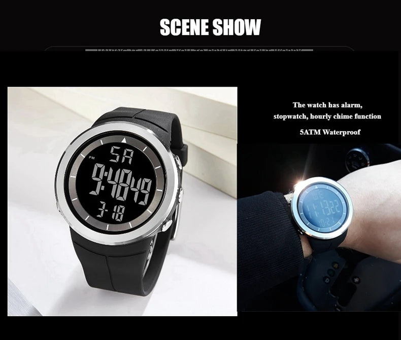 Men's Tactical Digital Watch – 50M Diving, Black LED Military, Alarm & Stopwatch
