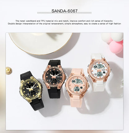 Four watches with different designs on a white surface, with text about the product details.