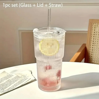 600ML Stripe Glass Cup with Lid & Straw – Transparent Juice Iced Coffee Mug