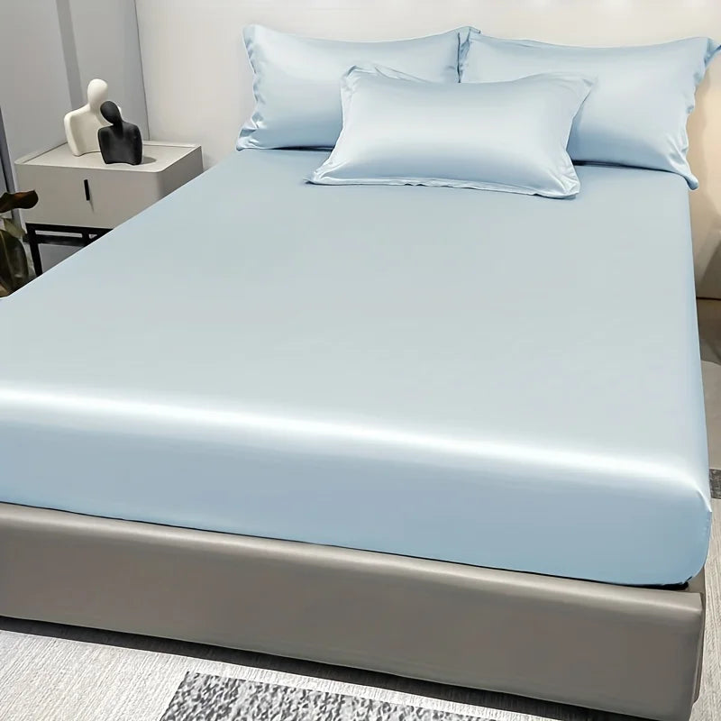 Modern Satin Ice Silk Solid Color Fitted Sheet – Smooth Bedroom Bedspread (Excluding Pillowcases)