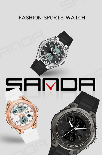 Three different models of SANDA sports watches on a light gray background.