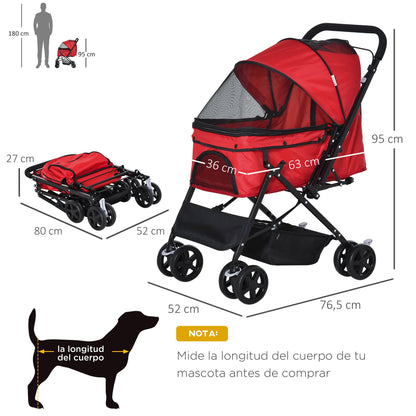 Red pet stroller with dimensions and a dog silhouette for scale on a white background