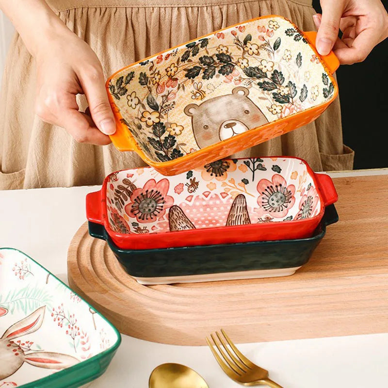Ceramic Bakeware With Handle Forest Animals Baking Pan  Underglaze  Kitchen Tableware Salad Bowl Au Gratin Dishes