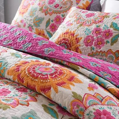 100% Cotton Quilted Bedspread – Rural Retro Bed Cover with Pillowcases for Queen & King Size