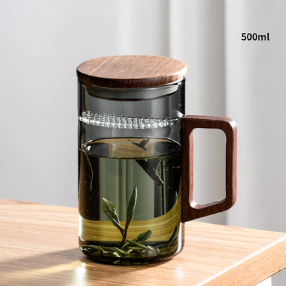 Glass Coffee Mug with Wooden Handle – Transparent Tea Cup Kitchen Coffeeware