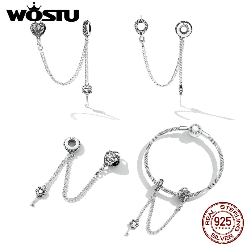 WOSTU 925 Sterling Silver Amimal Safety Chain Heart Key Flower Pendant CZ Charms Stopper Fit Original Bracelet DIY Fine Jewelry