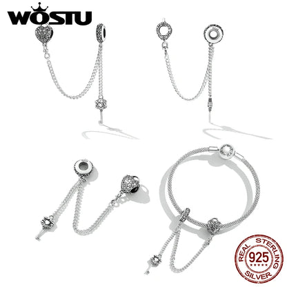 925 Sterling Silver Safety Chain Charm – Heart, Key & Flower CZ Stopper Bead
