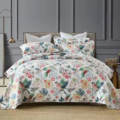 100% Cotton Quilted Bedspread – Rural Retro Bed Cover with Pillowcases for Queen & King Size