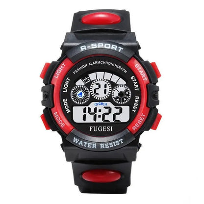 Digital watch with black and red design on a white background