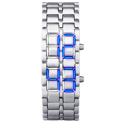 Digital watch with a silver metal band and blue LED display on a white background