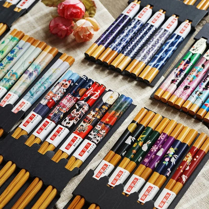 5-Pair Cute Multi-Color Bamboo Chopsticks Set – Non-Slip Household Wooden Tableware