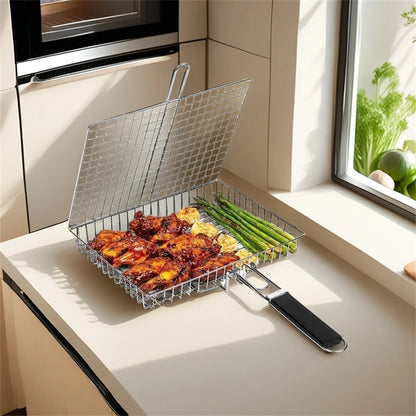 Stainless Steel Folding Grill Basket – BBQ Rack for Vegetables, Steak & Outdoor Camping
