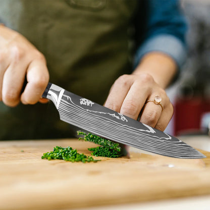 Chef Knife Set – Laser Damascus Pattern Japanese Santoku, Cleaver & Utility Knives (1-10pcs)