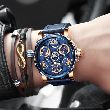 Luxury watch with blue face and rose gold accents on a wrist, wearing multiple bracelets.