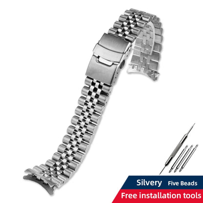 Silver watch strap with five beads and installation tools on a white background