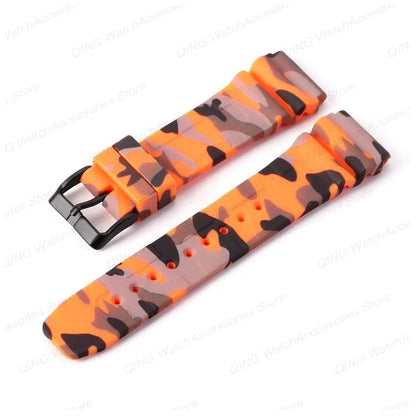 Camouflage-patterned watch strap with orange, brown, and black colors on a white background