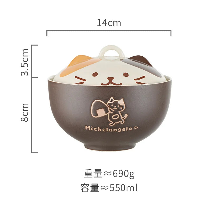 Japanese Creative Ceramic Soup Bowl Cute Cartoon Animals with Lid Cat Bowl Household Instant Noodles Bowl Rice Bowl Tableware