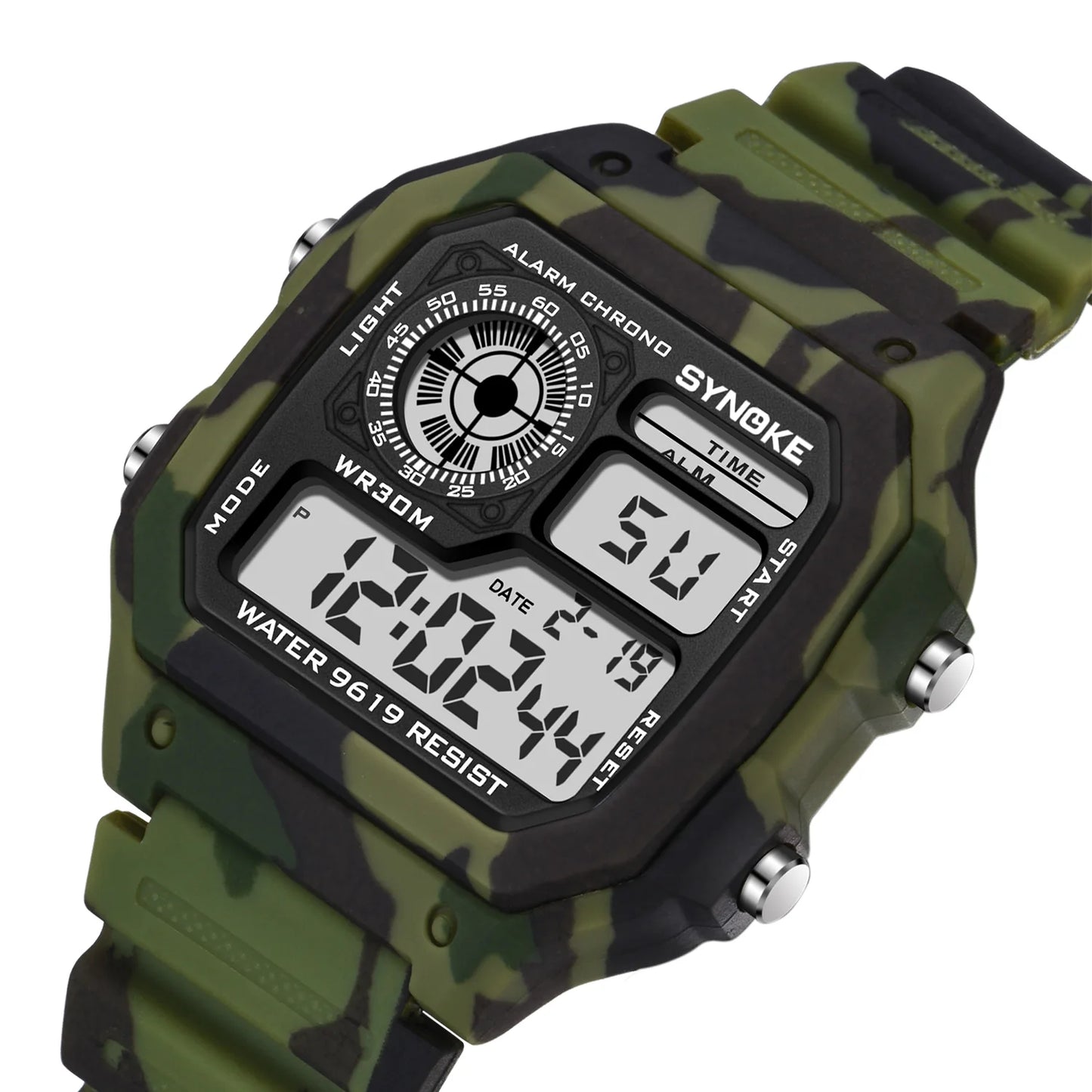 Digital watch with camouflage strap on a white background