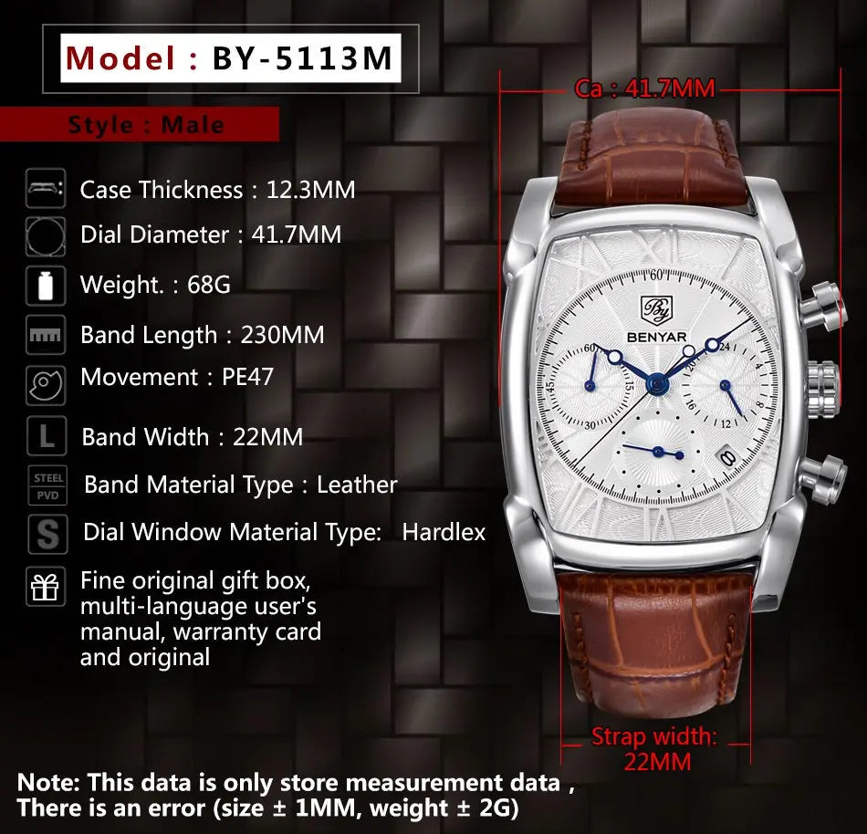 Benyar watch with detailed specifications on a dark background