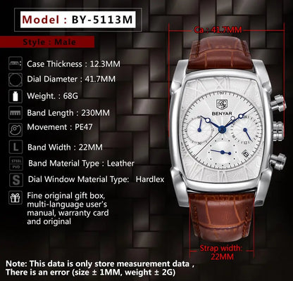 Benyar watch with detailed specifications on a dark background