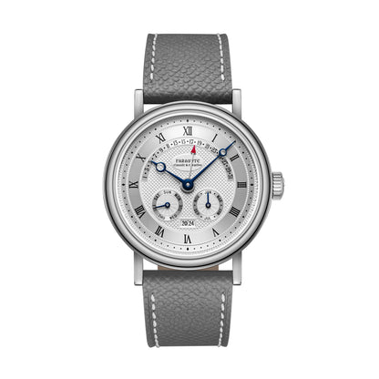 Watch with gray strap and silver case on white background